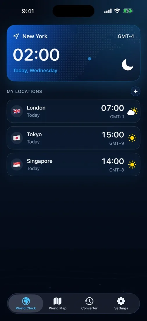 The Timezone World Clock screen: New York shown at 02:00 GMT−4 in a highlighted card, with London, Tokyo and Singapore listed below with their local times and GMT offsets.