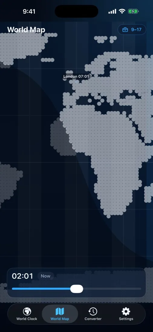 World Map screen showing a dotted world map with the day/night terminator curving across Africa and Europe, London pinned at 07:01, and a time slider at the bottom.